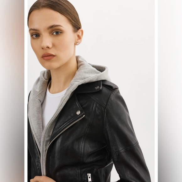 Lamarque ANNA LEATHER BIKER black JACKET Gray Hoodie lambskin ladies medium - Picture 5 of 11